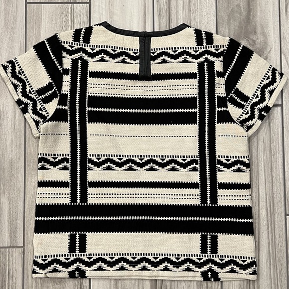 Madewell Top Women M Black White Geometric Jacquard Leather Trim E4764 Excellent - Picture 2 of 8